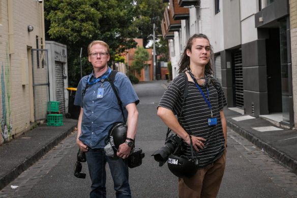 Photographers Michael Currie and Jay Kogler in Waterloo Place in Richmond in January 2023.