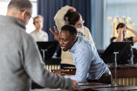 Joshua Jones, plays with students at VanderCook College of Music in Chicago.