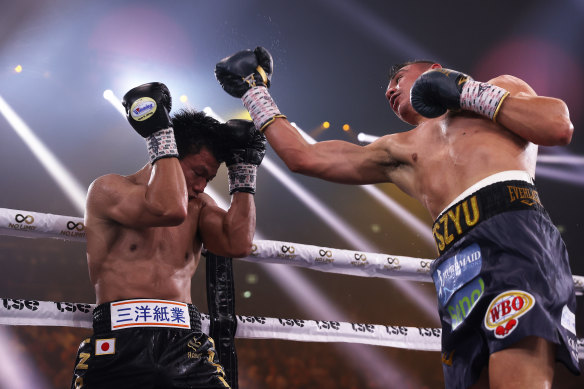 Tim Tszyu punches Takeshi Inoue during the WBO Global and Asia Pacific Super Welterweight fight.