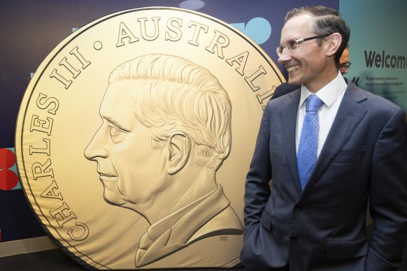 Responsible minister Andrew Leigh with the image of King Charles that will start appearing on Australia’s coins before Christmas.