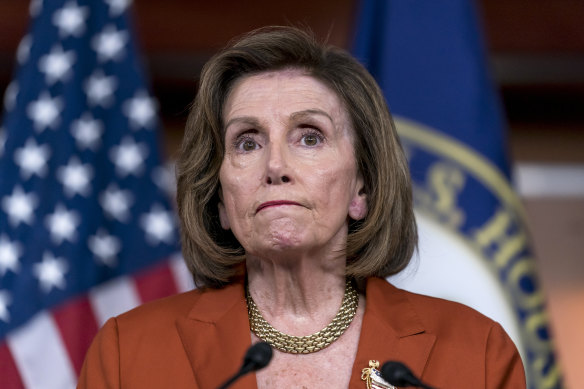 Speaker of the House Nancy Pelosi reacts to the Supreme Court decision overturning Roe v. Wade, during a news conference at the Capitol in Washington.