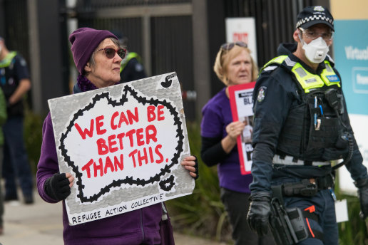 Refugee activists gather at the Mantra Hotel in June 2020.