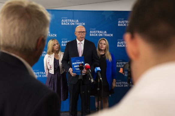 Peter Dutton speaks to the media in Pendle Hill, near Parramatta on Wednesday.