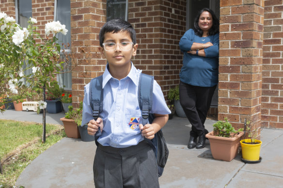 Eight-year-old Aarav Dagia, with mum Prachi Maisuria, is moving from a public to a lower-fee private school.
