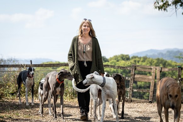 Lisa White with greyhounds at her NSW home.
