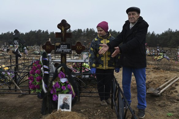 At the Matviyivka cemetery Ludmyla Zholob, 66, and her husband Oleksandr Zholob, 71, tend to their son and only child Dmytro Zholob’s grave. Dmytro was 46-years-old when he was killed on August 29 in a missile strike in Mykolaiv city. 