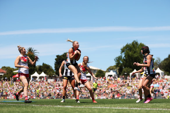 Collingwood’s Eliza James marks in the round nine AFLW match against Sydney, one of the best-attended games of the season thus far.