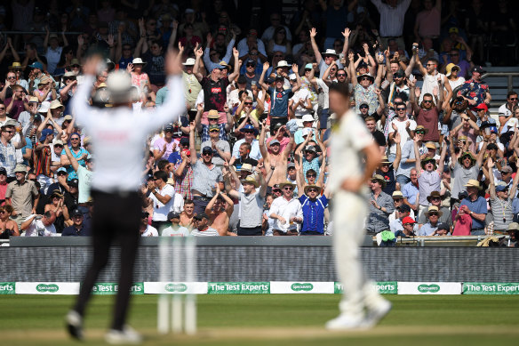 Pat Cummins is hit into the stands by Ben Stokes at Lord’s.