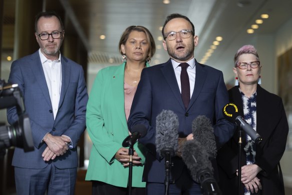 Bandt addresses the media, with (l-r) Greens senators David Shoebridge, Dorinda Cox and Penny Allman-Payne.