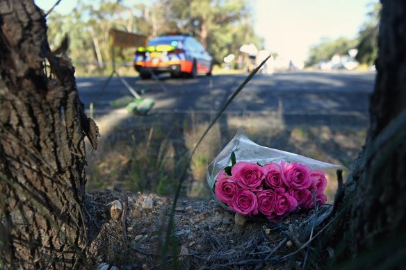 A bouquet of flowers on Jerrara Road, near the alleged crime scene. 