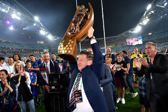 Nick Politis celebrates the 2019 grand final win against the Raiders.