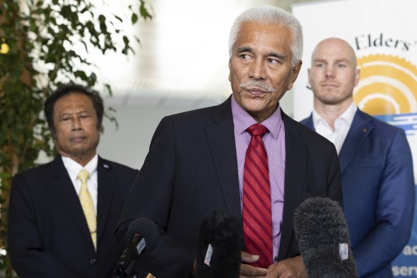 Former Kiribati president Anote Tong and former Palau president Thomas Remengesau at parliament in Canberra on Wednesday.
