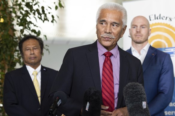 Former Kiribati president Anote Tong and former Palau president Thomas Remengesau at parliament in Canberra on Wednesday. 