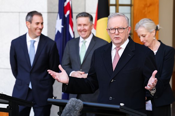 Prime Minister Anthony Albanese announced the Greens deal on Tuesday, flanked by Treasurer Jim Chalmers, Health and NDIS Minister Mark Butler, and Finance Minister Katy Gallagher.