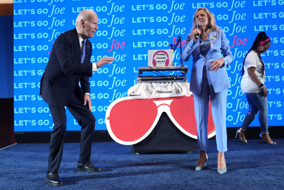 President Joe Biden and Jill Biden speak at a presidential debate watch party.