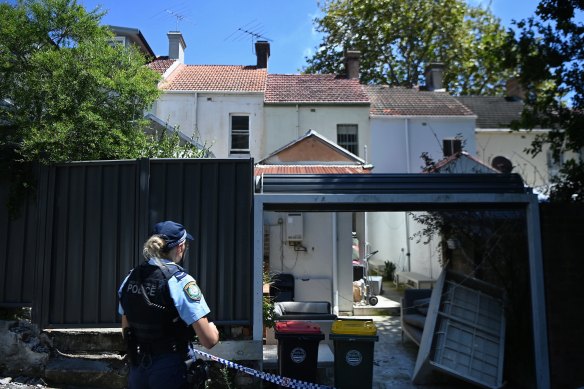 Police investigate a crime scene at the Paddington terrace where Jesse Baird and Luke Davies are believed to have been killed. 