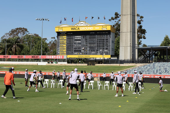 Players warm up during an India training session on Wednesday at the WACA Ground in Perth. 