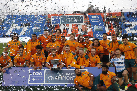 The Wallabies celebrate a much-needed win in Mendoza.