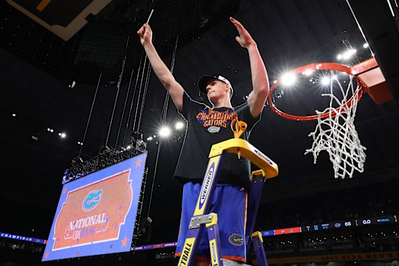 Alex Condon celebrates after the Gators beat the Houston Cougars.