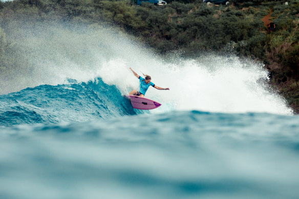 Seven-time world champion surfer Stephanie Gilmore competing at Honolua Bay, Hawaii, in 2019.