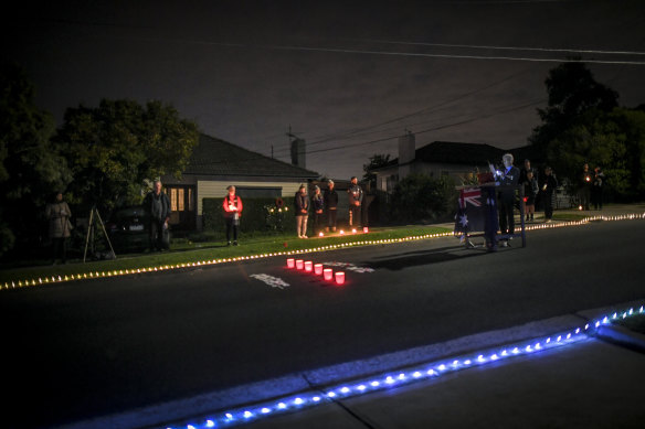 Residents of Clara Street in Macleod, in Melbourne’s north-east, set up a makeshift stage for a dawn service on Anzac Day, 2020.