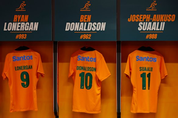 Wallabies jerseys are hung up in the Australian change room.