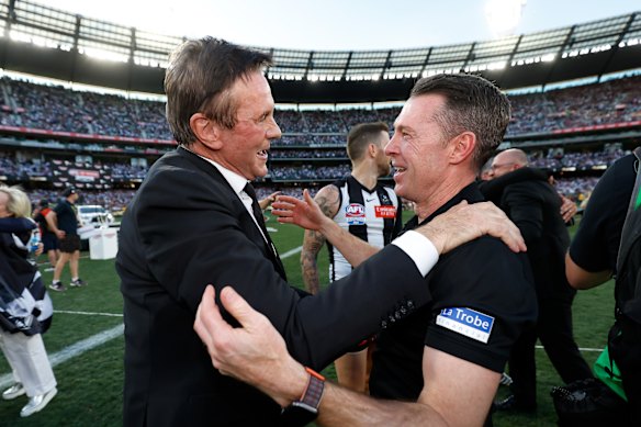 Jeff Browne and Craig McRae soak up the 2023 premiership.