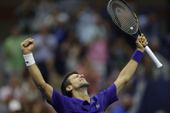 Novak Djokovic unleashes his trademark celebration at the US Open earlier this week.