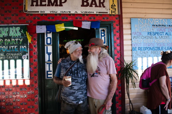 Aquarius Festival director Graeme Dunstan (right) and traditional custodian Bundjalung elder Uncle Cecil Roberts who was 16 at the first festival, pictured at The Hemp Embassy in Nimbin.