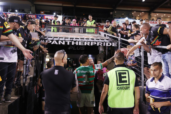 Latrell Mitchell heads up the tunnel BlueBet Stadium at half-time on Thursday night.