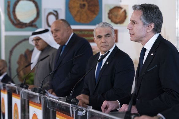 At the Negev Summit, from left,  the foreign ministers of Bahrain (Abdullatif bin Rashid al-Zayani),  Egypt (Sameh Shoukry) and Israel (Yair Lapid) with US Secretary of State Antony Blinken in Sde Boker, Israel, on Monday.