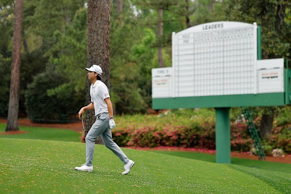 Min Woo Lee walking at Augusta National during a practice round.