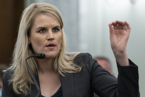 Former Facebook employee Frances Haugen speaks during a US Senate committee hearing.