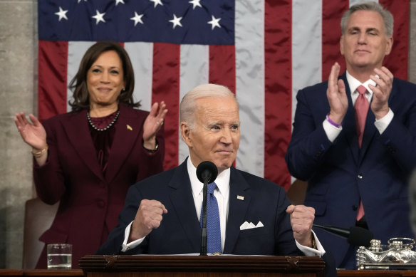 President Joe Biden delivers the State of the Union address in Washington as Vice President Kamala Harris and House Speaker Kevin McCarthy applaud.