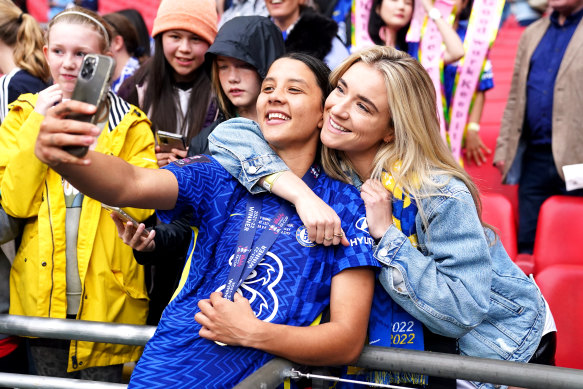 Sam Kerr with her partner Kristie Mewis after playing for Chelsea