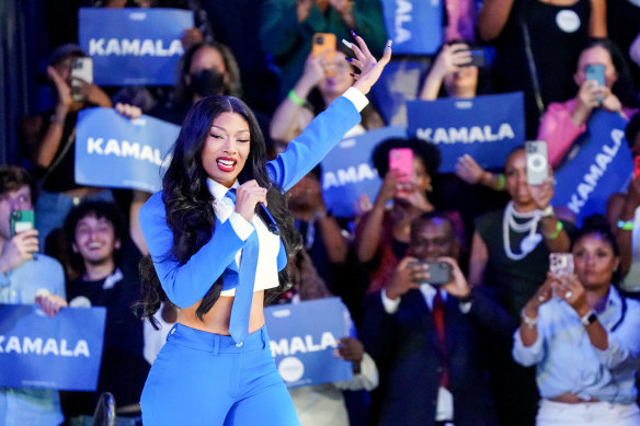 Megan Thee Stallion performs onstage at a campaign rally for Vice President Kamala Harris at the Georgia State Convocation Centre.