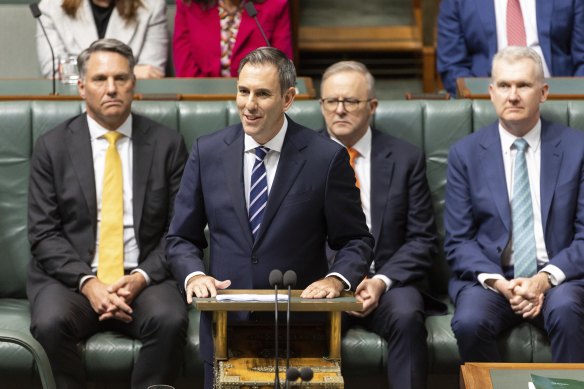 Treasurer Jim Chalmers delivers the budget speech at Parliament on Tuesday.