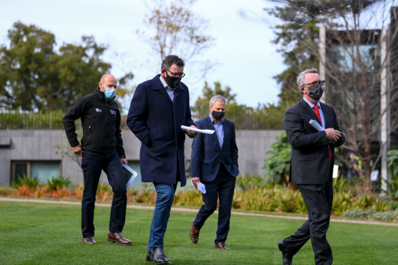 (L-R) Health Minister Martin Foley, Premier Daniel Andrews, Chief Health Officer Brett Sutton and Covid-19 response commander Jeroen Weimar.