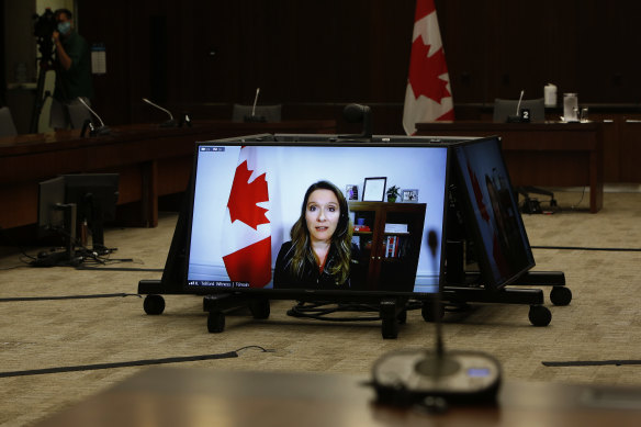 Katie Telford, Canada's chief of staff, speaks by video conference before the House of Commons standing committee in Ottawa, Ontario, Canada.