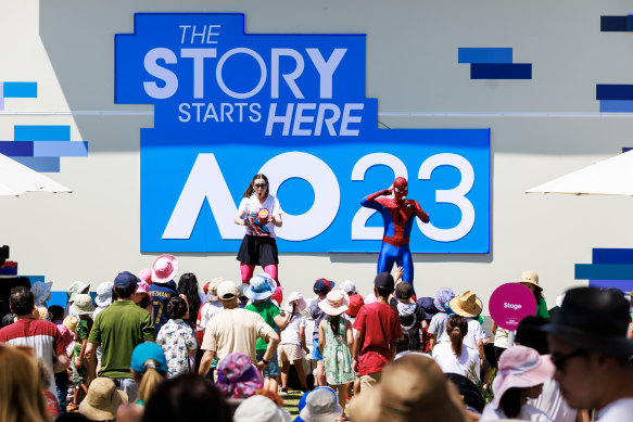 Spiderman performs on stage at the kids area at the Australian Open. 