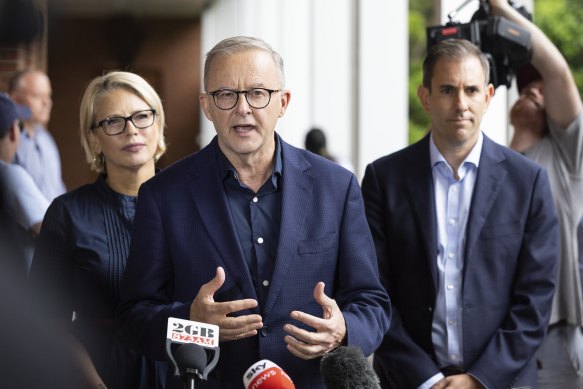 Opposition Leader Anthony Albanese talks to the media on Sunday.