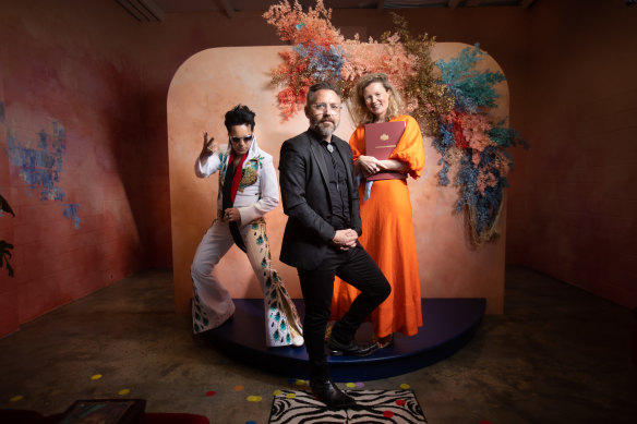 Logan Jeffs as Elvis, with celebrants Anthony Cribbes and Sarah Dobson.