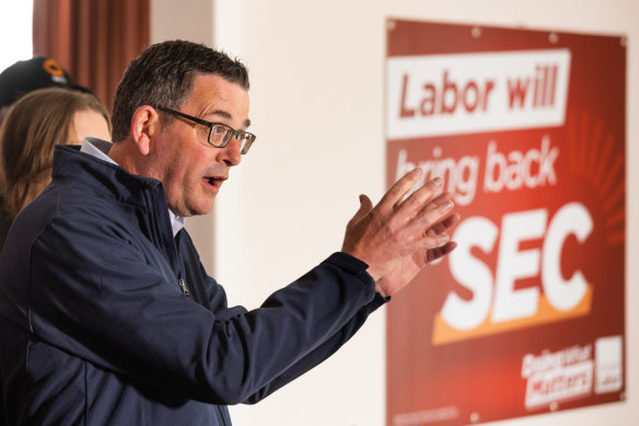 Daniel Andrews campaigning in Yallourn with a promise to “bring back the SEC”.