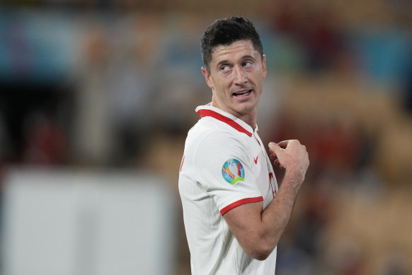 Robert Lewandowski playing for Poland at the European Championships in 2021.