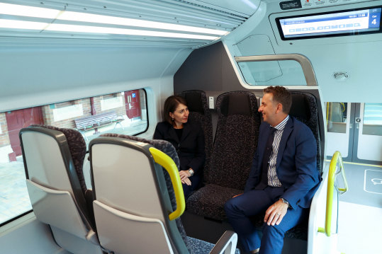 NSW Premier Gladys Berejiklian and Transport Minister Andrew Constance take their first ride on the state’s new Intercity Fleet.