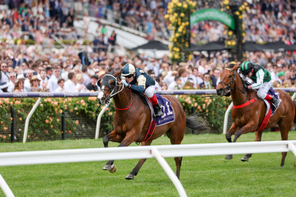 Soulcombe clears out under Craig Williams to win the Queen’s Cup at Flemington on November 5 last year.