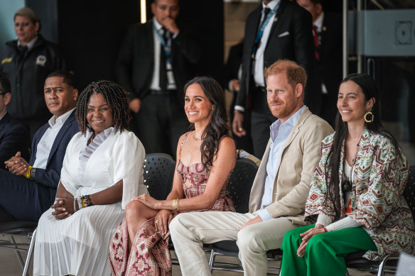 Vice President of Colombia Francia Márquez, Meghan, Duchess of Sussex and Prince Harry, Duke of Sussex attend a folkloric presentation at Centro Nacional de las Artes Delia Zapata.