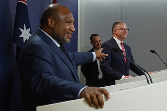PNG Prime Minister James Marape and Australian counterpart Anthony Albanese announcing the PNG NRL team … as Peter V’landys waits in the wings.