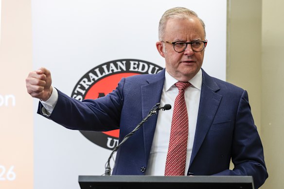 Prime Minister Anthony Albanese delivering a speech at the Annual Federal Conference of the Australian Education Union in Melbourne on Friday.