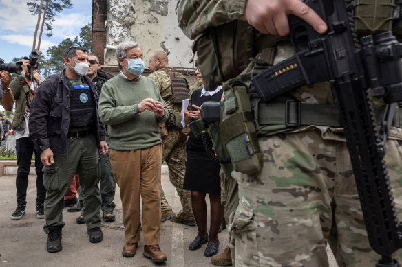 United Nations Secretary-General Antonio Guterres visits the war damaged Irpinsky Lipky residential complex in Irpin.